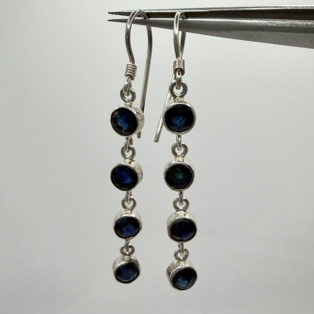925 Sterling Silver Blue Sapphire 4 Stone Chandelier Dangle Earrings